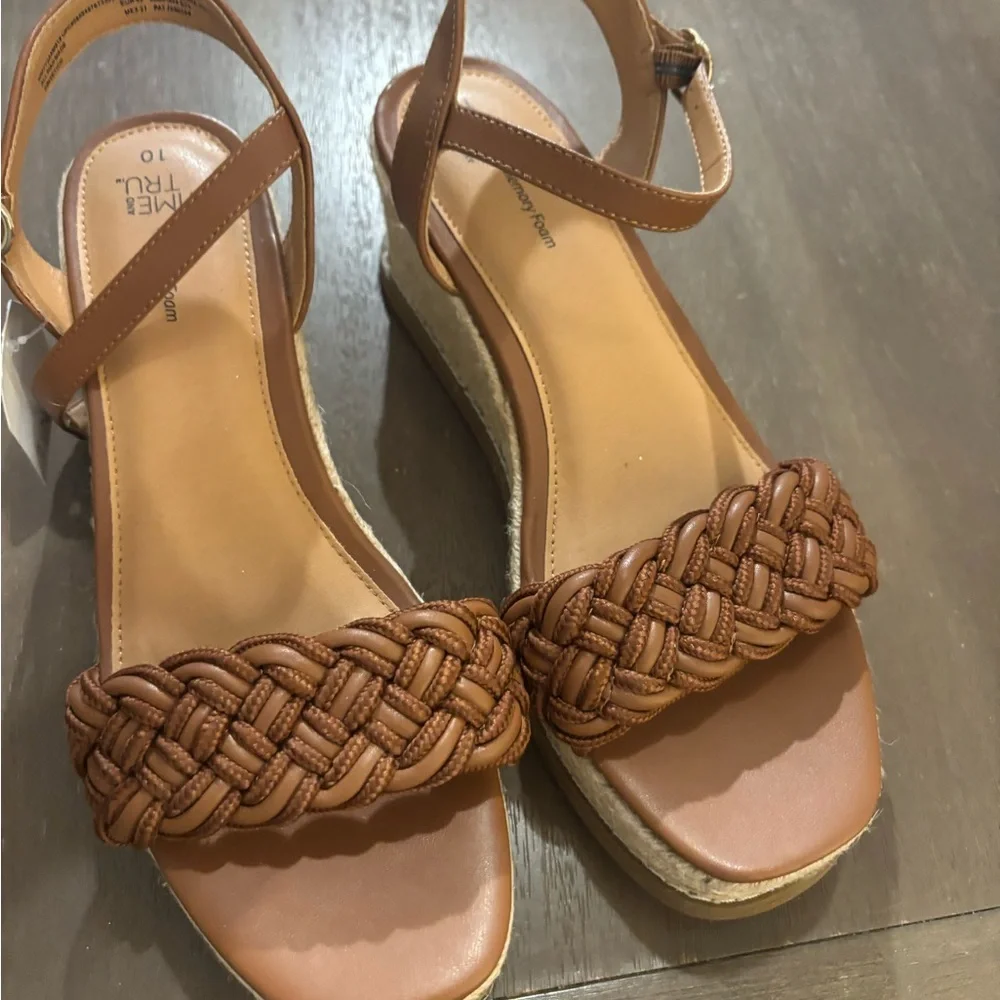NWT Woman’s Time & Tru Braided Espadrille Wedge Sandals - Brown Sz 10